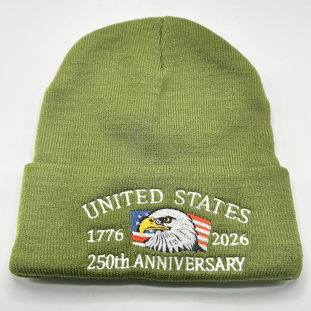 United States of American 250 Years USA Flag Beanie Hat Cap Knit Cuff Green
